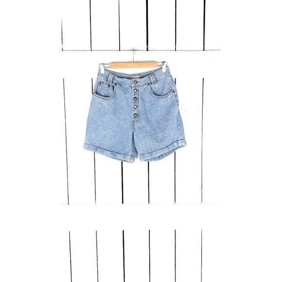Vintage Bugle Boy for her high waisted blue button down cuffed denim shorts - Picture 1 of 4